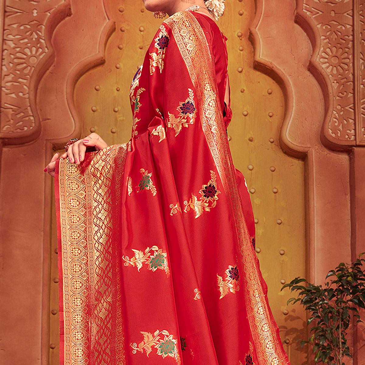 Flirty Red Colored Festive Wear Woven Designer Silk Saree