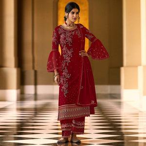 Flirty Red Coloured Partywear Embroidered Pure Georgette Palazzo Suit