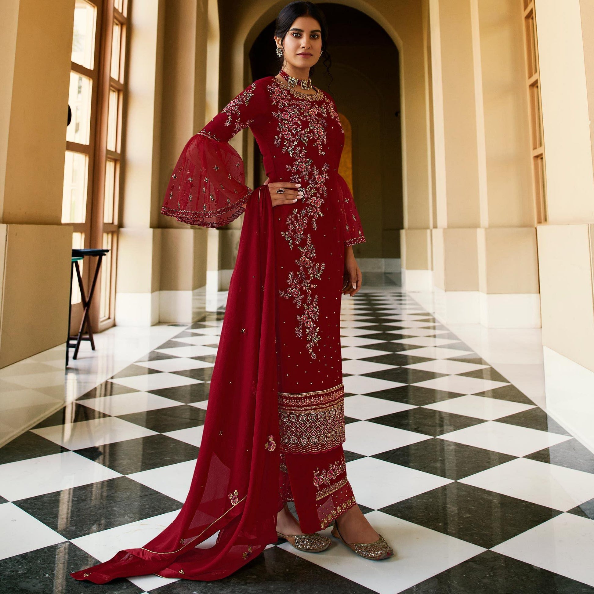 Flirty Red Coloured Partywear Embroidered Pure Georgette Palazzo Suit