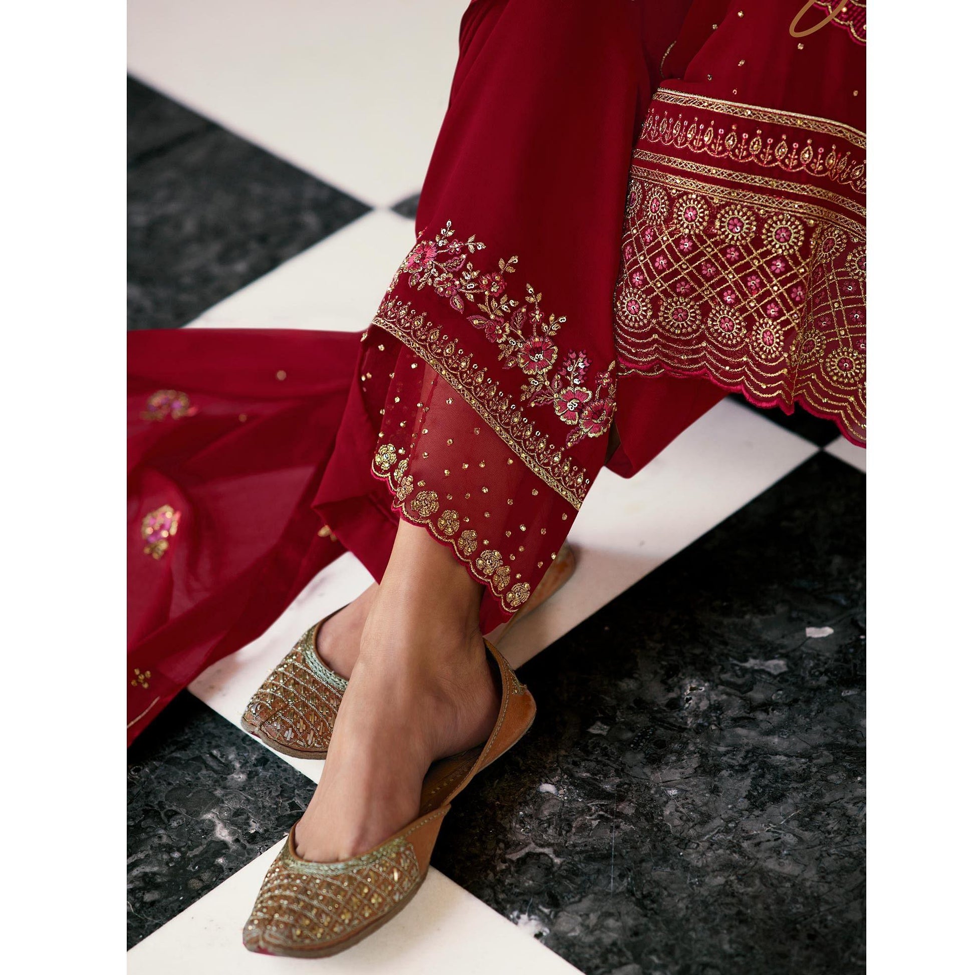 Flirty Red Coloured Partywear Embroidered Pure Georgette Palazzo Suit