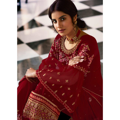 Flirty Red Coloured Partywear Embroidered Pure Georgette Palazzo Suit