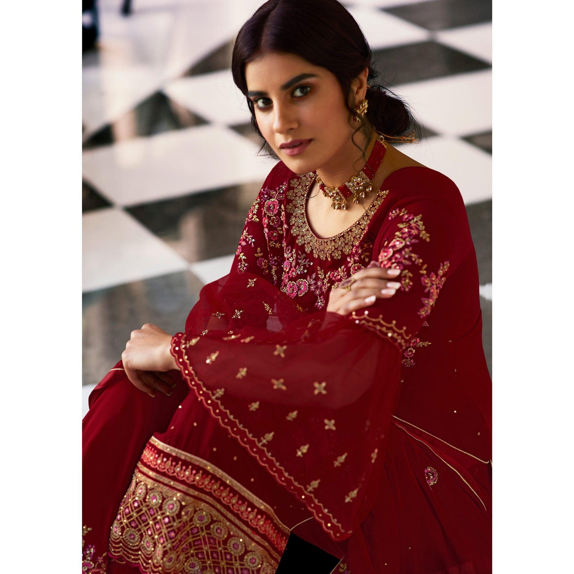 Flirty Red Coloured Partywear Embroidered Pure Georgette Palazzo Suit