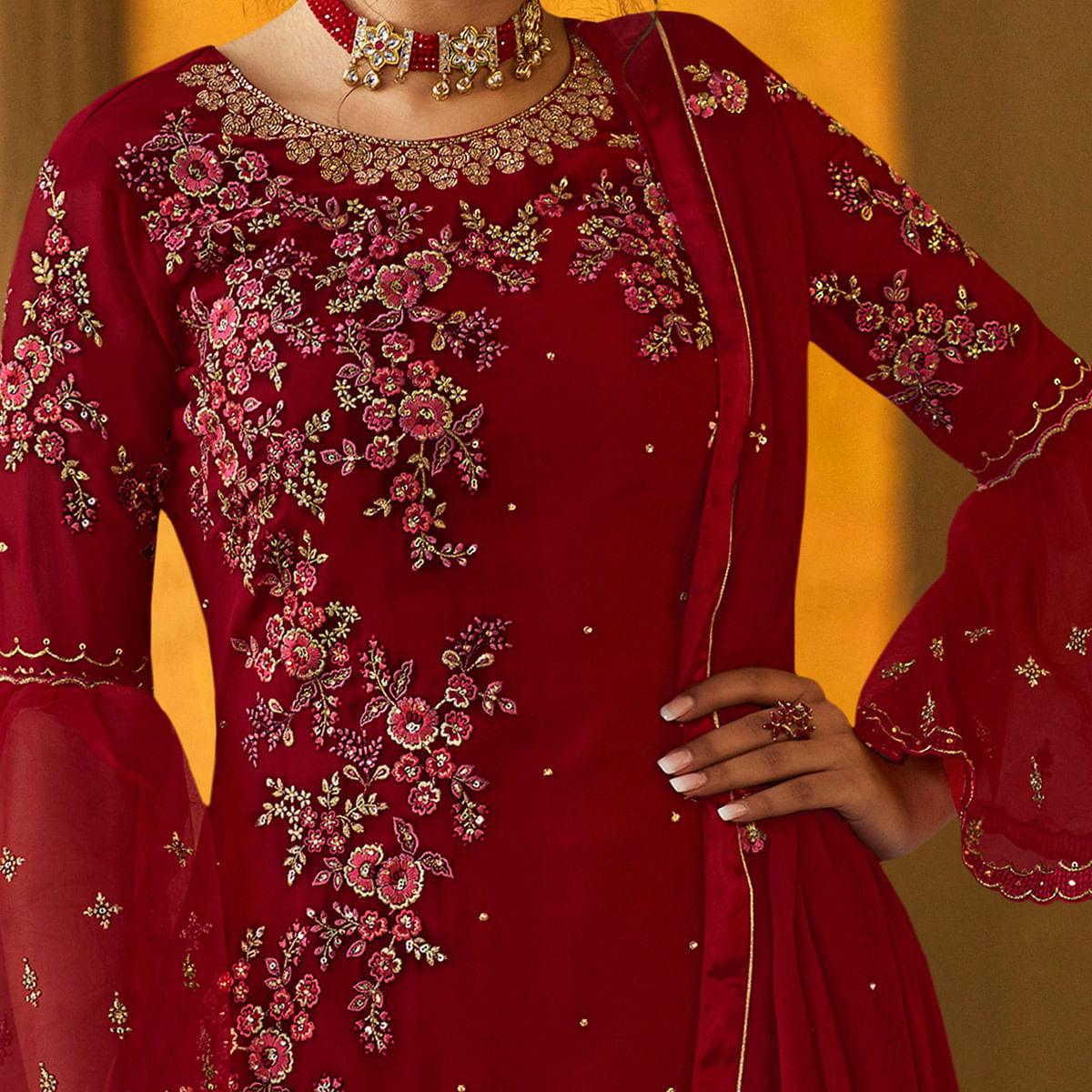 Flirty Red Coloured Partywear Embroidered Pure Georgette Palazzo Suit