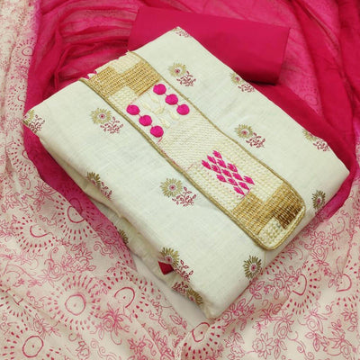 Flirty White - Pink Colored Casual Wear Embroidered Cotton Dress Material