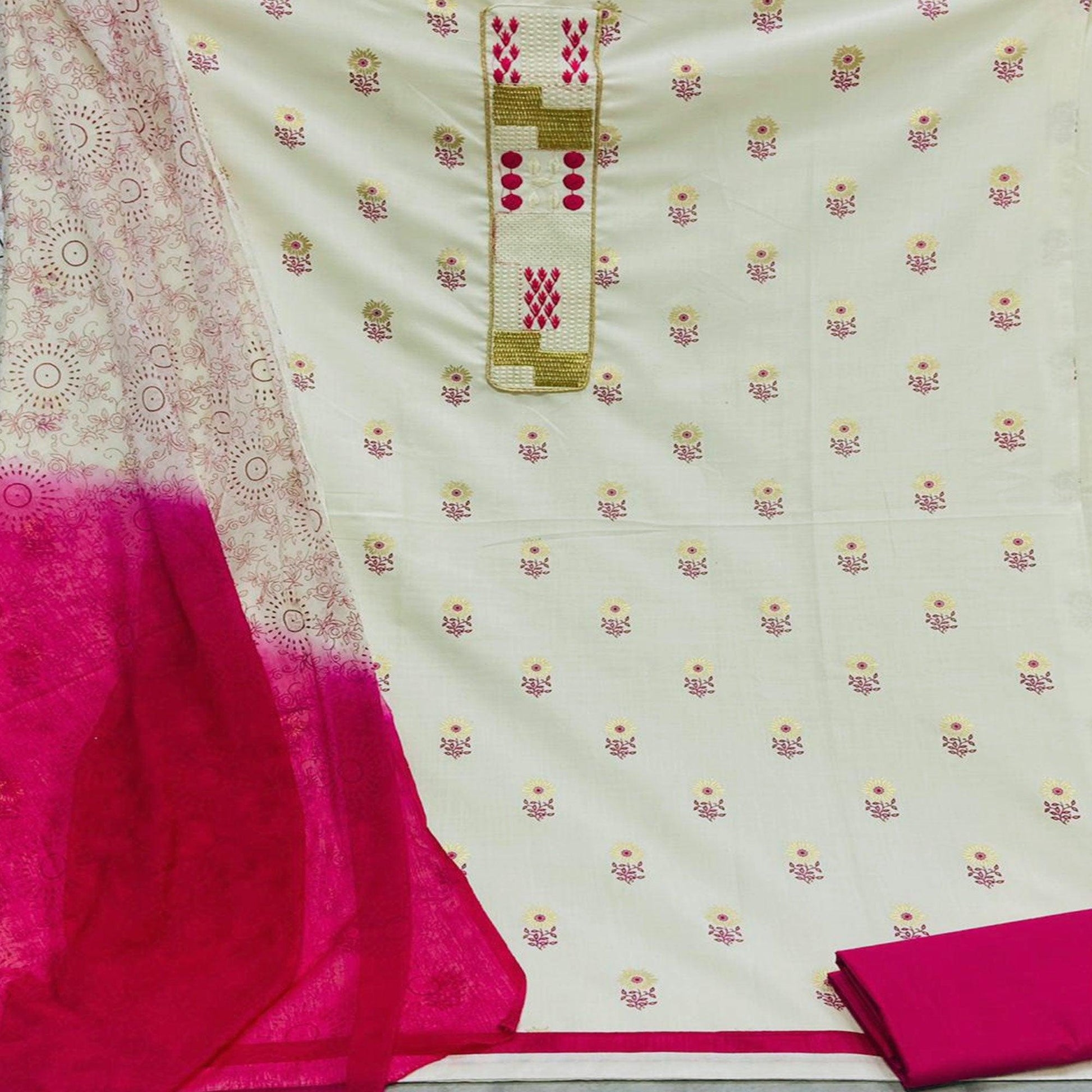 Flirty White - Pink Colored Casual Wear Embroidered Cotton Dress Material