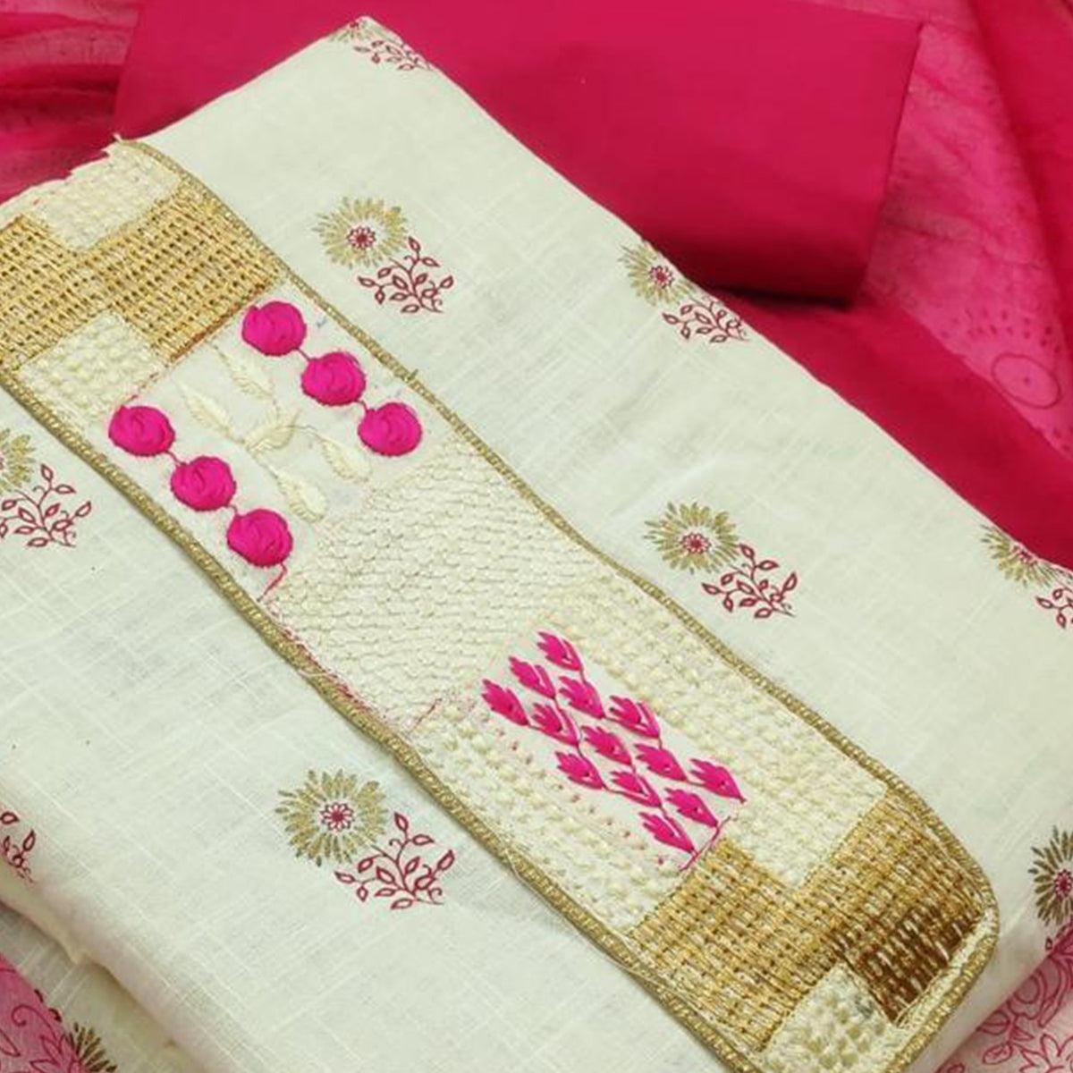 Flirty White - Pink Colored Casual Wear Embroidered Cotton Dress Material