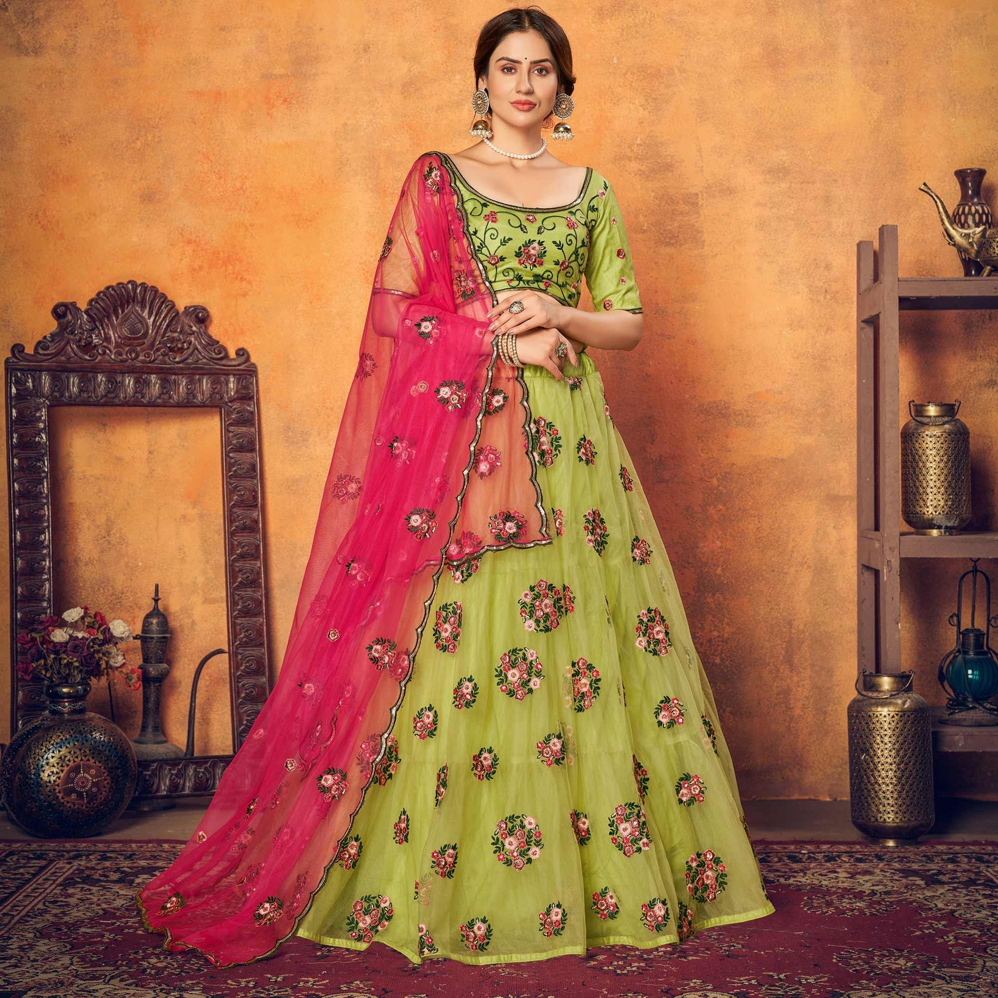 Floracance Green Festive Wear Thread With Floral Sequins Embroidered Net Lehenga Choli