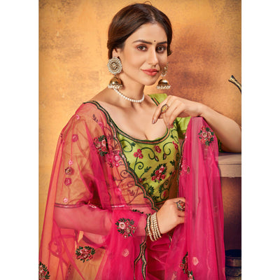Floracance Green Festive Wear Thread With Floral Sequins Embroidered Net Lehenga Choli