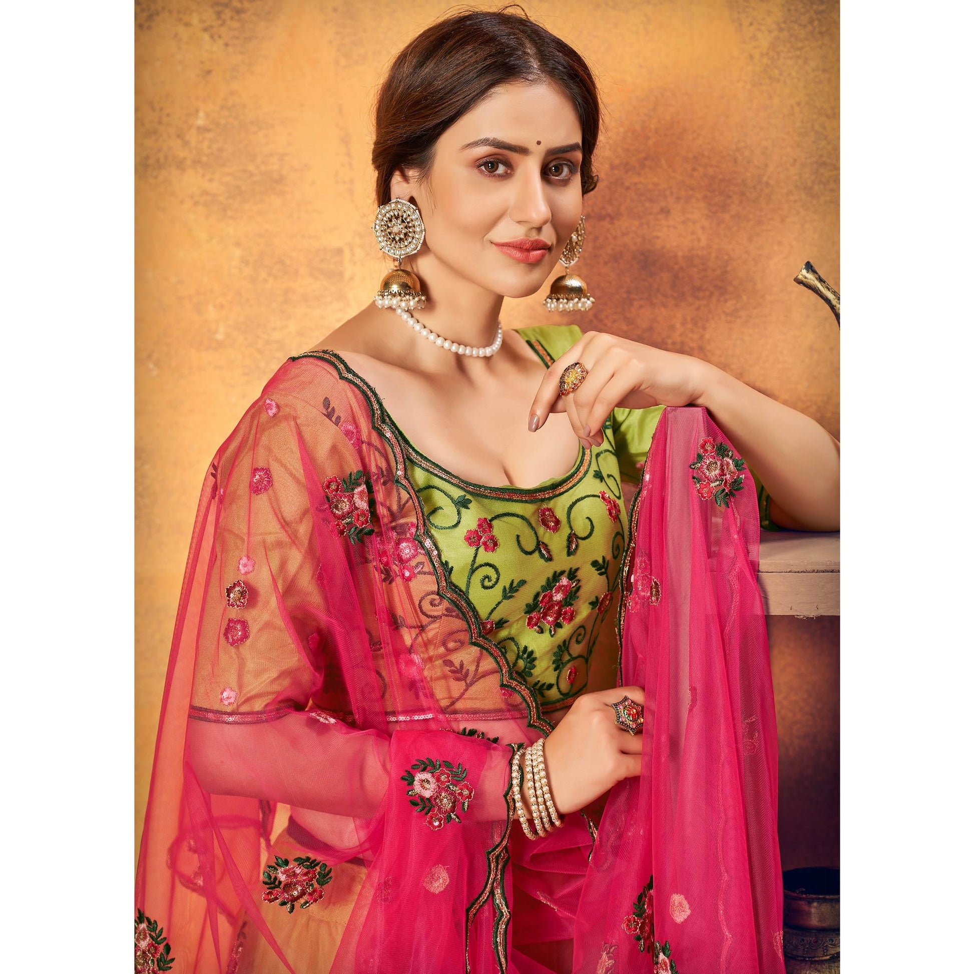 Floracance Green Festive Wear Thread With Floral Sequins Embroidered Net Lehenga Choli
