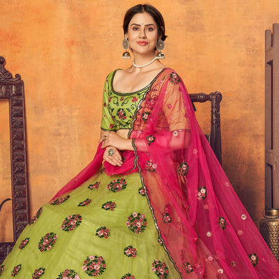 Floracance Green Festive Wear Thread With Floral Sequins Embroidered Net Lehenga Choli
