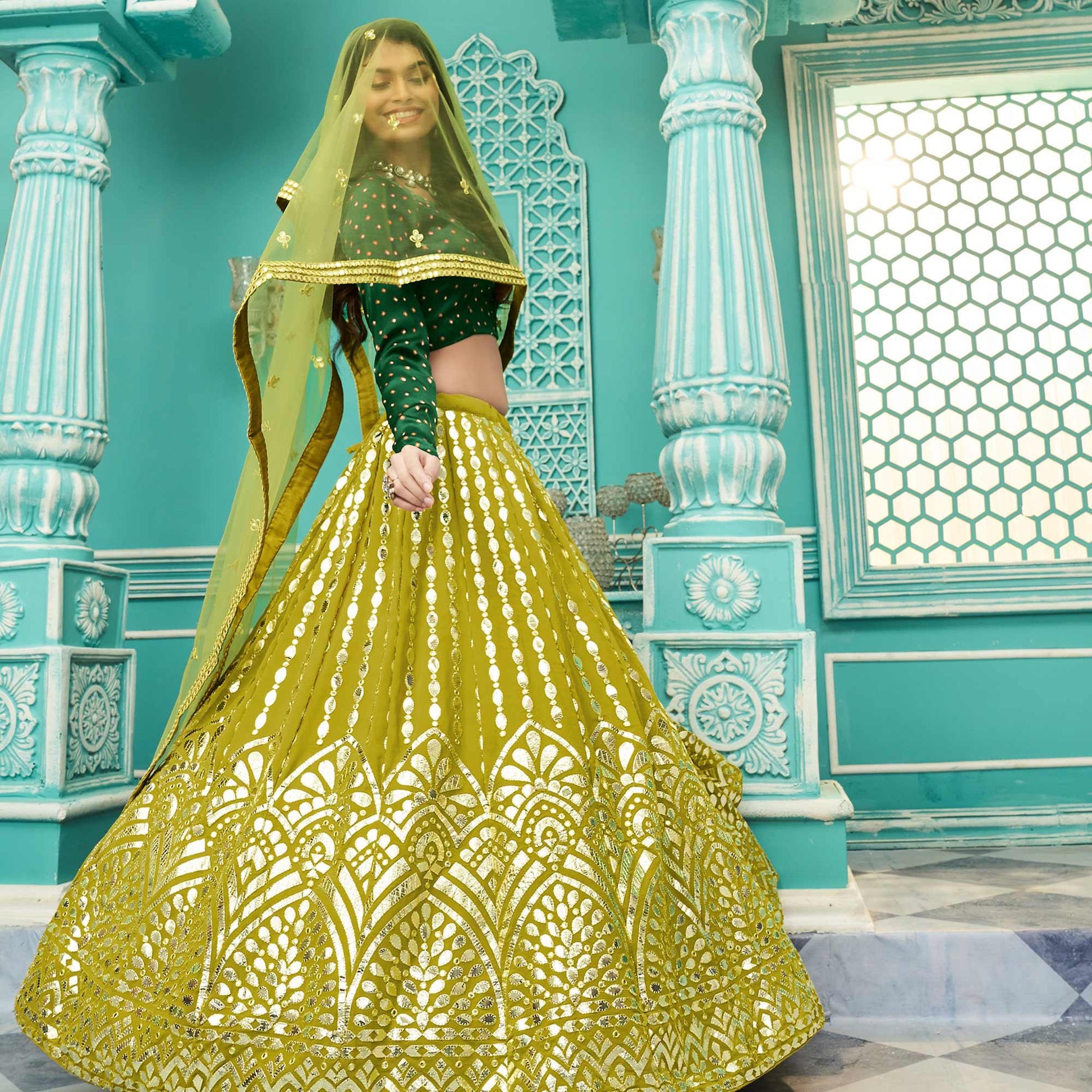 Floracance Green Partywear Sequins Embroidered Georgette Lehenga Choli