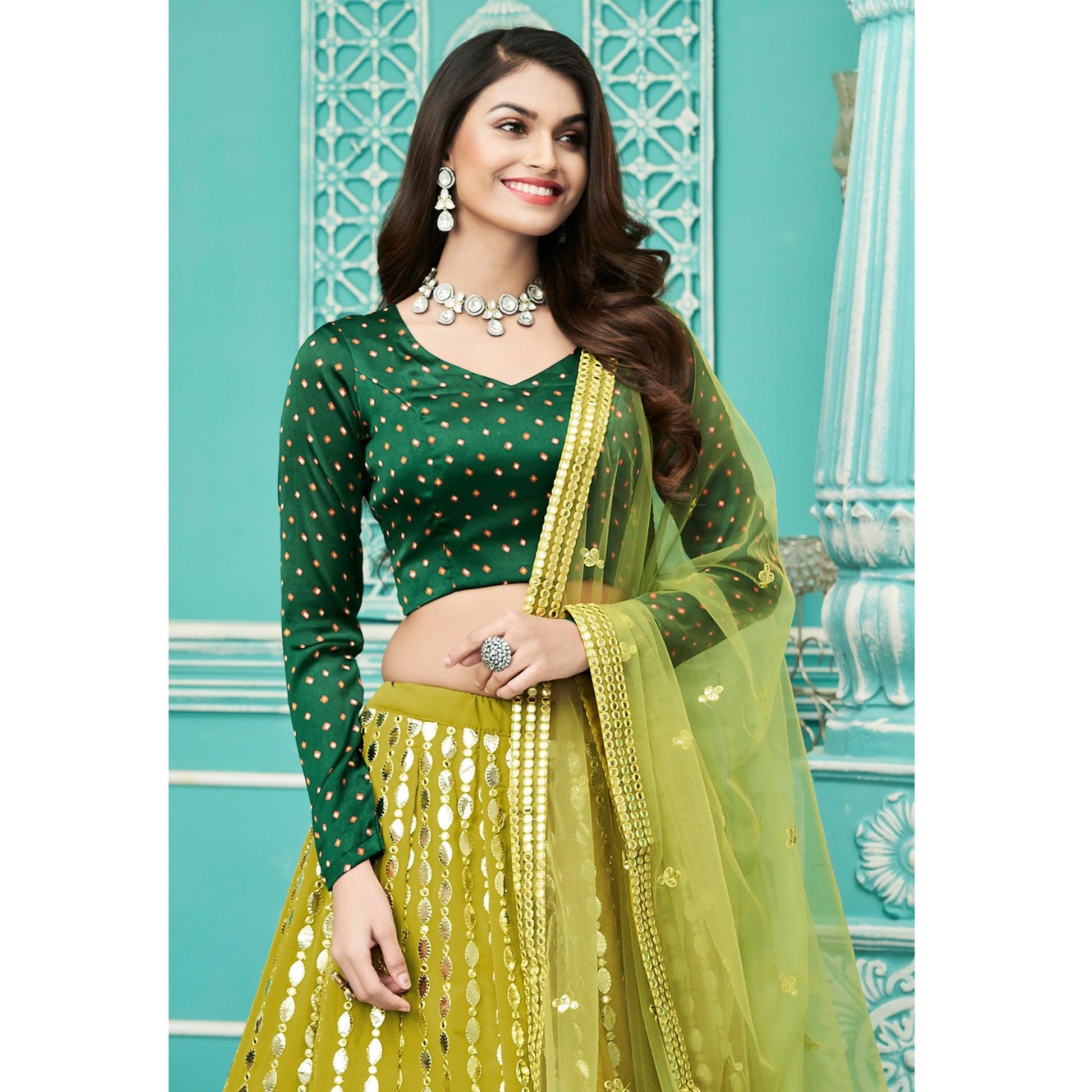 Floracance Green Partywear Sequins Embroidered Georgette Lehenga Choli