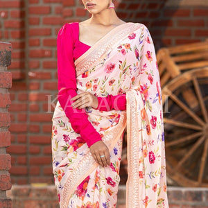 Beige Floral Print Saree