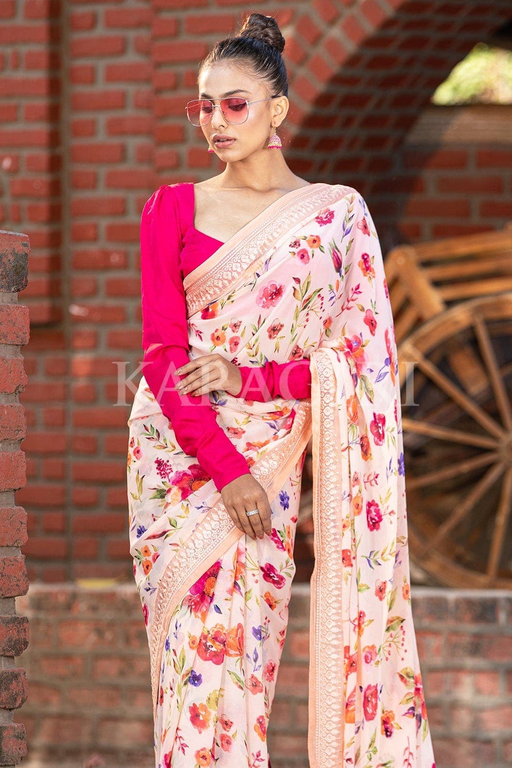 Beige Floral Print Saree