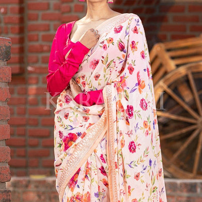 Beige Floral Print Saree