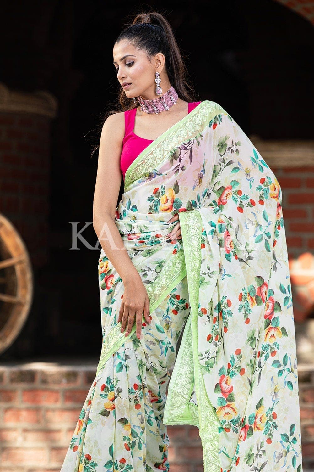 Sage Green Floral Print Saree