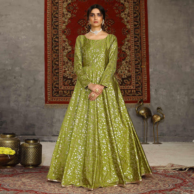 Fluorescent Green Party Wear Designer Metalic Foil Printed Work Taffeta Gown