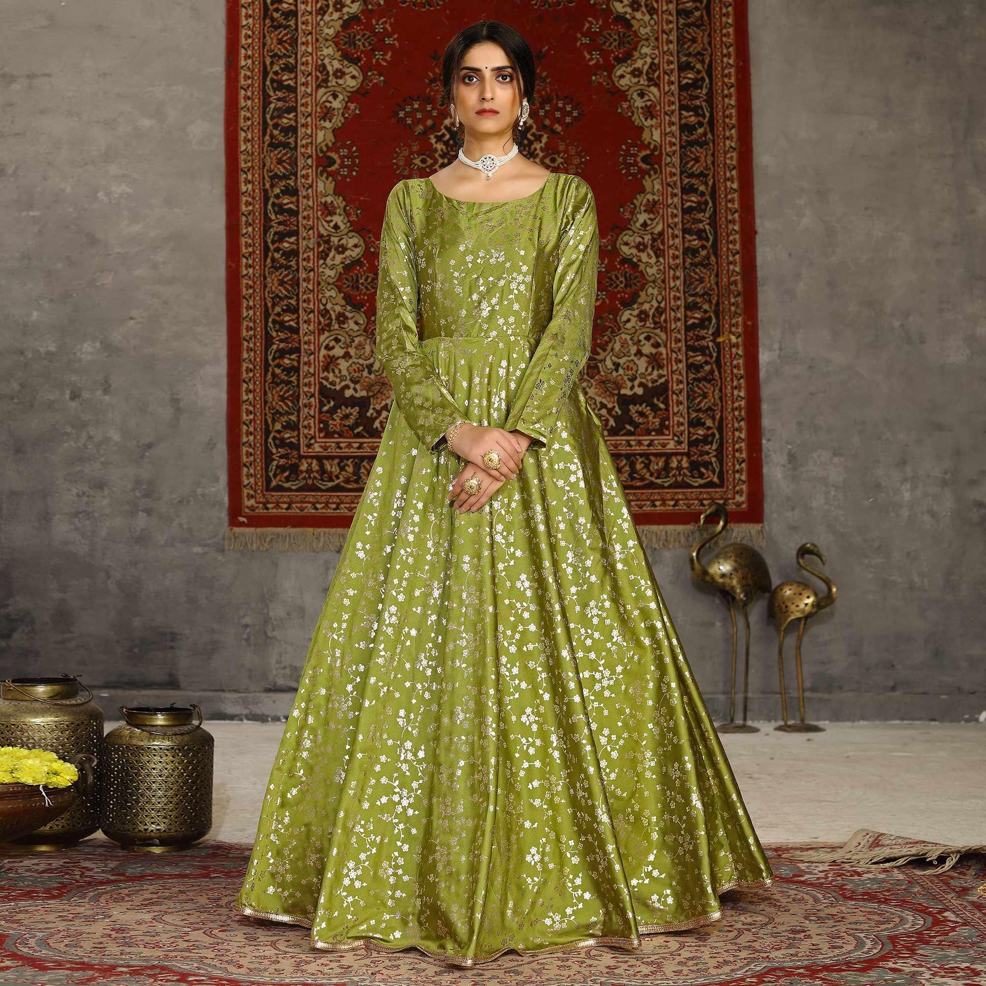 Fluorescent Green Party Wear Designer Metalic Foil Printed Work Taffeta Gown