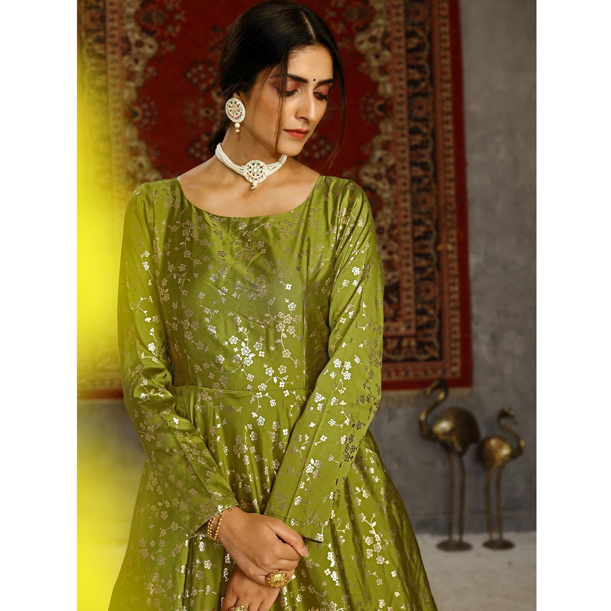 Fluorescent Green Party Wear Designer Metalic Foil Printed Work Taffeta Gown