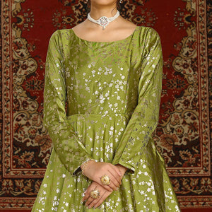 Fluorescent Green Party Wear Designer Metalic Foil Printed Work Taffeta Gown