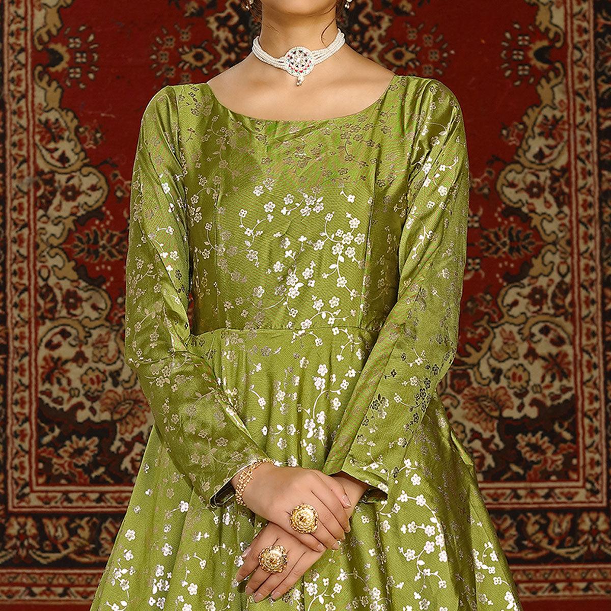 Fluorescent Green Party Wear Designer Metalic Foil Printed Work Taffeta Gown