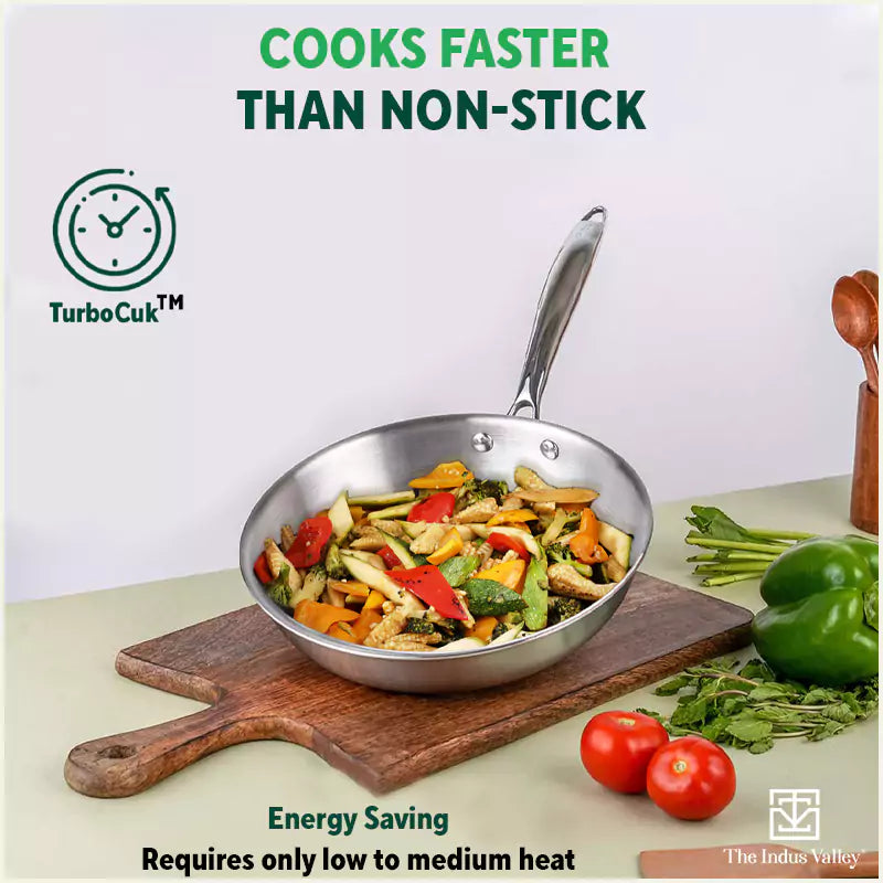 TurboCuk Tri-ply Stainless Steel Fry Pan, Premium 3 Layer Thick Body, Induction, Non-stick, 23.4/25.4/28 cm, 1.5/1.7/1.9L