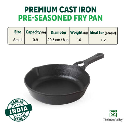 CASTrong Cast Iron Fry Pan/Skillet, Pre-seasoned, Natural Nonstick, 100% Pure, Toxin-free, Induction, 20.3cm, 0.9L, 1.6kg