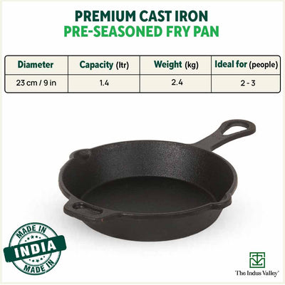 CASTrong Cast Iron Fry Pan/Skillet,Pre-seasoned, Nonstick, 100% Pure, Toxin-free, Induction, 23cm, 1.4L, 2.4kg