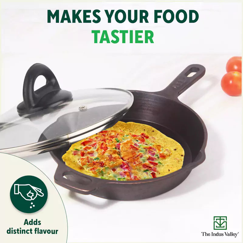 CASTrong Cast Iron Fry Pan/Skillet, Glass Lid, Pre-seasoned, Natural Nonstick, 100% Pure, Induction, 20.3cm, 0.9L, 2.3kg
