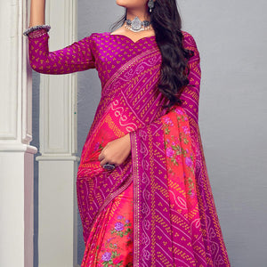 Fuchsia & Purple Bandhani Printed Chiffon Saree With Tassels