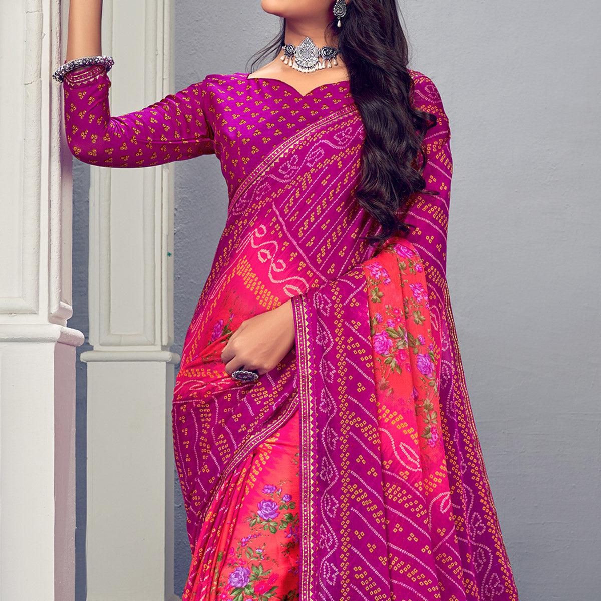 Fuchsia & Purple Bandhani Printed Chiffon Saree With Tassels