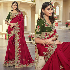 Fuchsia Party Wear Embroidered Satin Saree