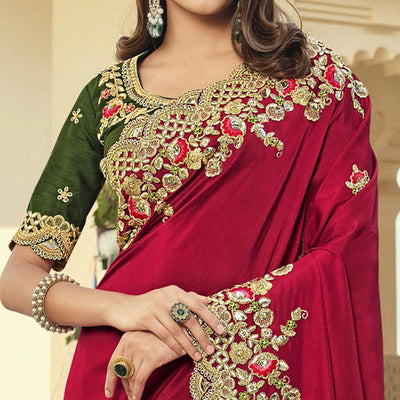 Fuchsia Party Wear Embroidered Satin Saree