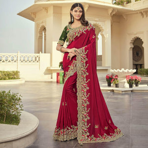 Fuchsia Party Wear Embroidered Satin Saree