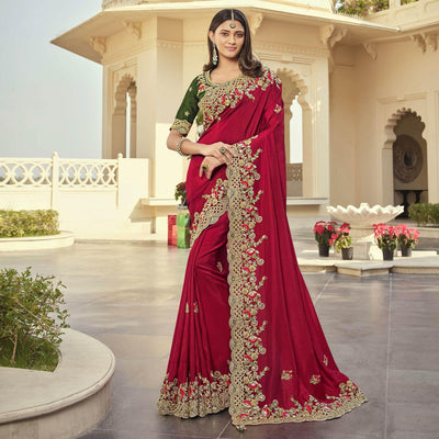 Fuchsia Party Wear Embroidered Satin Saree