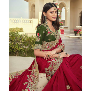 Fuchsia Party Wear Embroidered Satin Saree