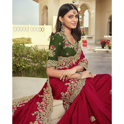 Fuchsia Party Wear Embroidered Satin Saree