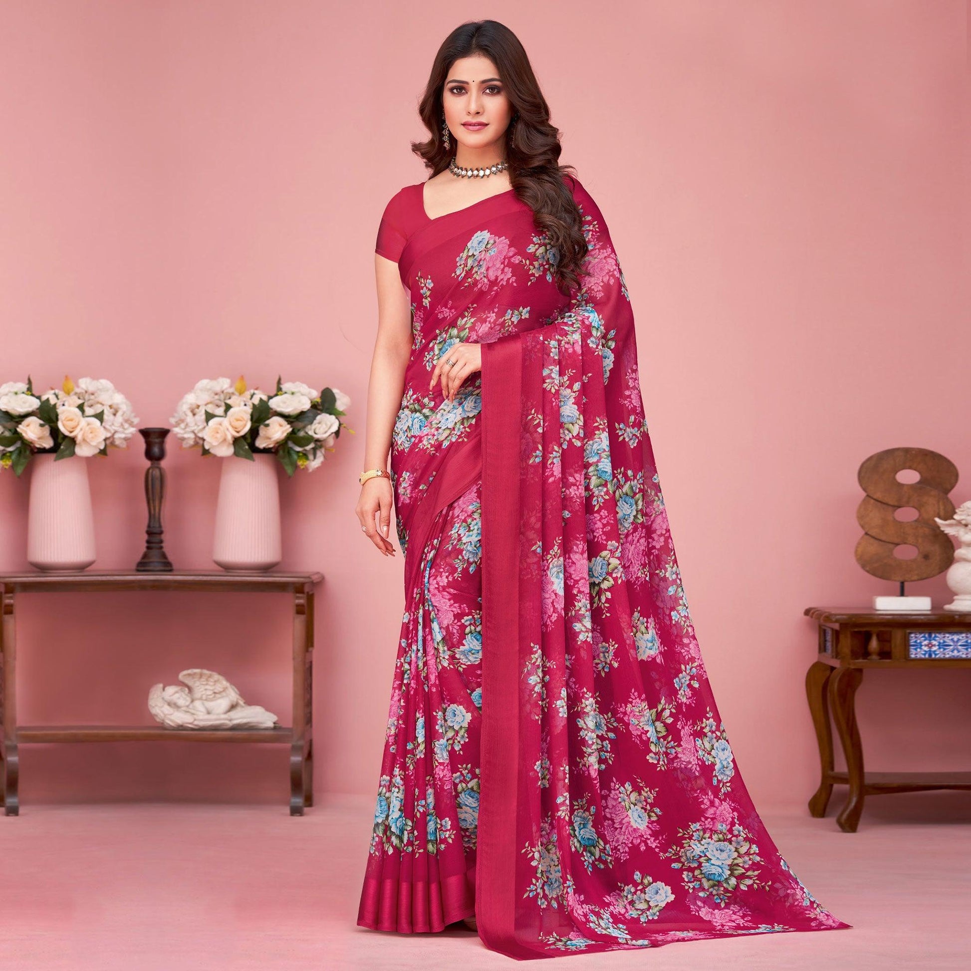 Fuchsia Pink Floral Printed Chiffon Saree