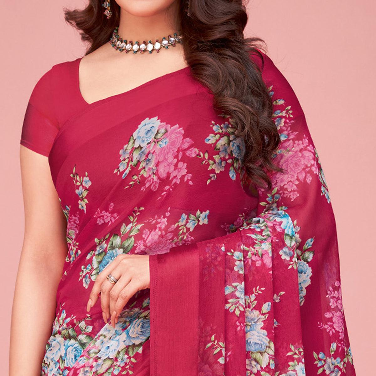Fuchsia Pink Floral Printed Chiffon Saree