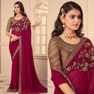 Fuchsia Pink Floral Sequins Embroidered Georgette Saree
