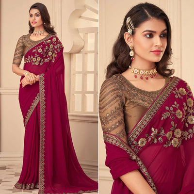 Fuchsia Pink Floral Sequins Embroidered Georgette Saree