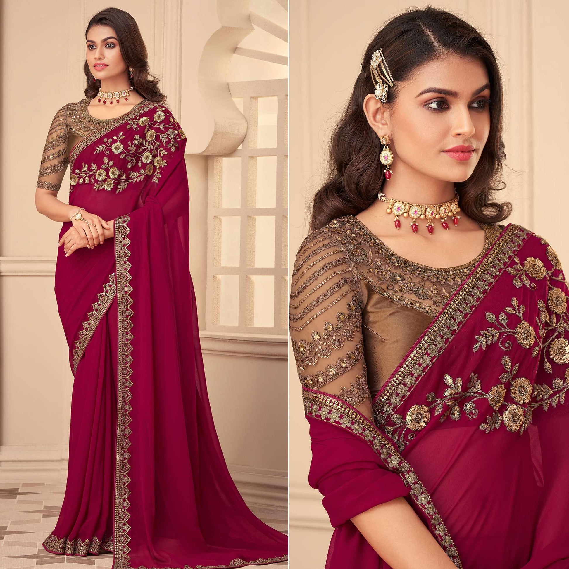 Fuchsia Pink Floral Sequins Embroidered Georgette Saree
