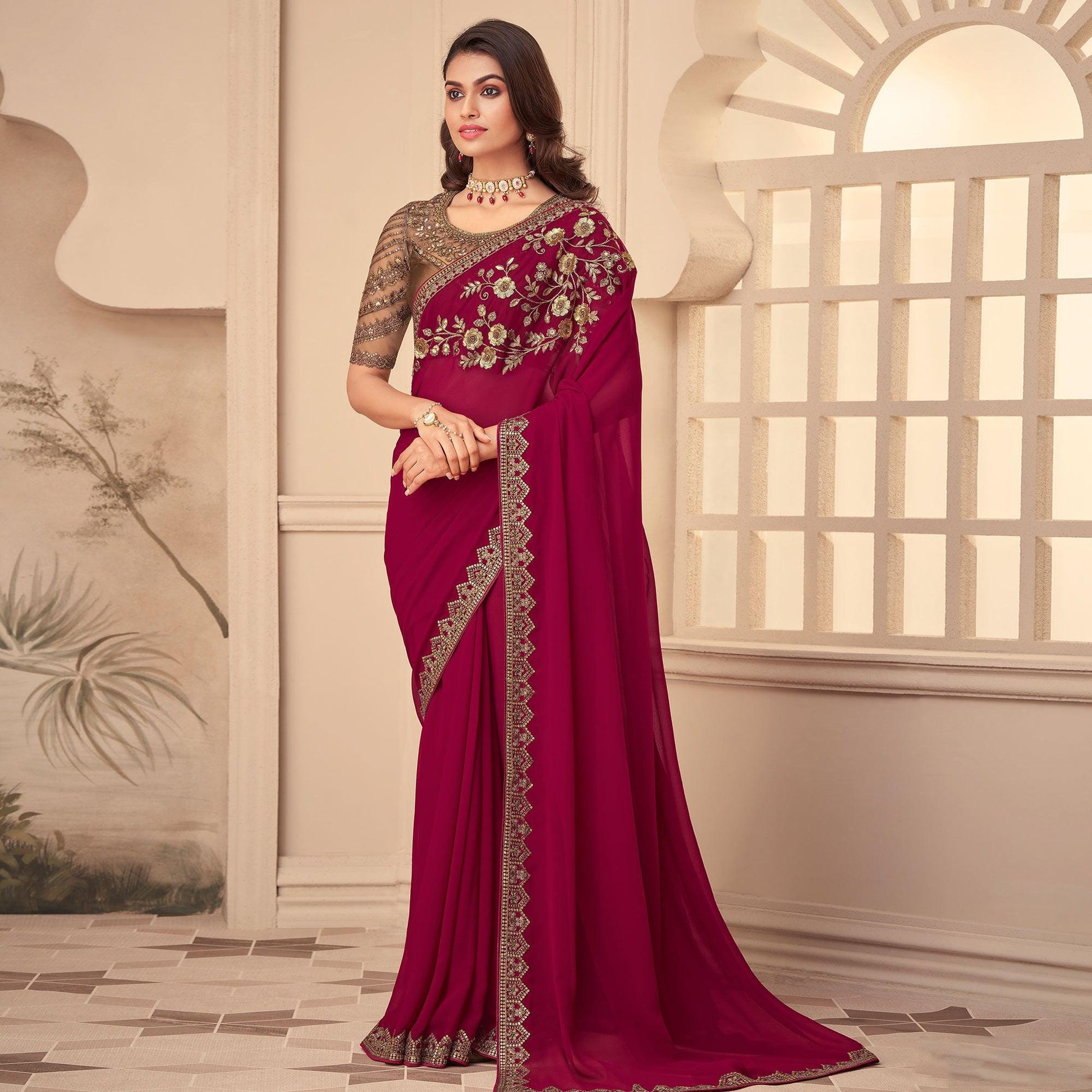 Fuchsia Pink Floral Sequins Embroidered Georgette Saree