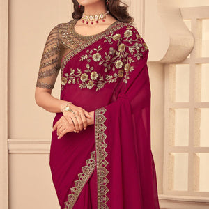 Fuchsia Pink Floral Sequins Embroidered Georgette Saree