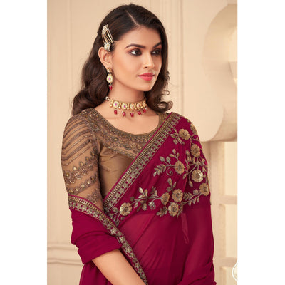 Fuchsia Pink Floral Sequins Embroidered Georgette Saree