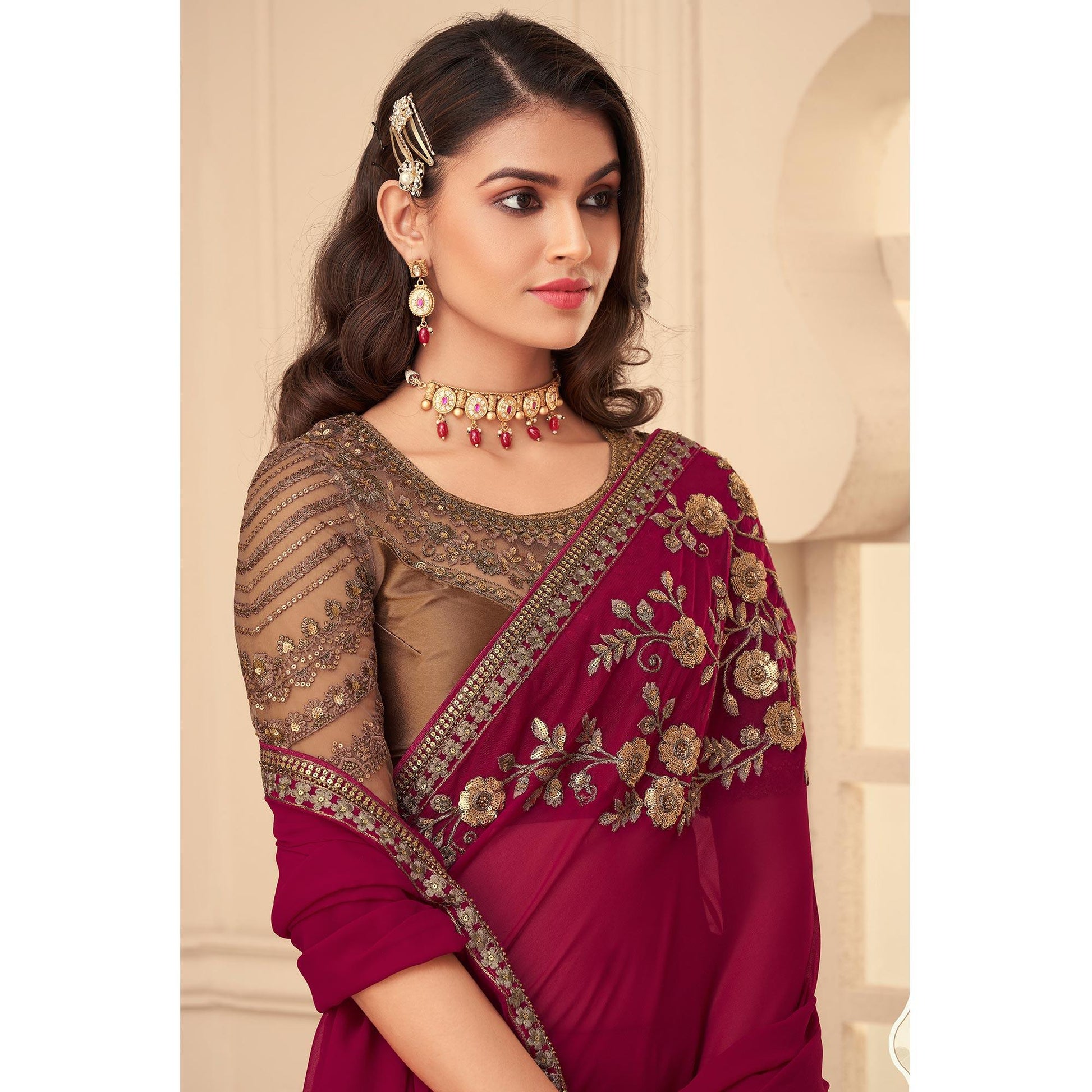 Fuchsia Pink Floral Sequins Embroidered Georgette Saree