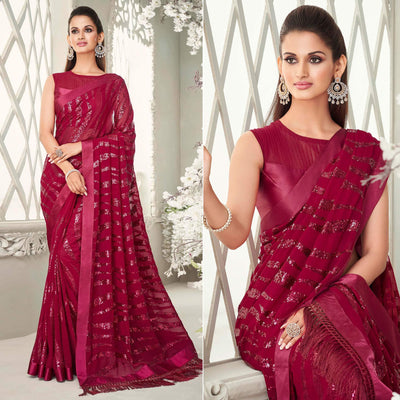 Fuchsia Pink Sequins Embroidered Georgette Saree With Tassels