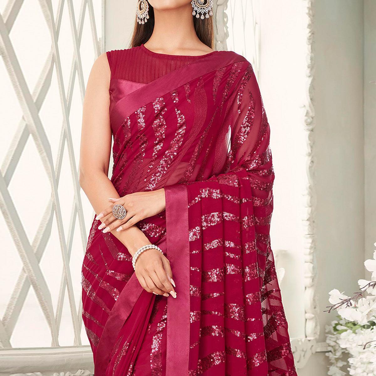 Fuchsia Pink Sequins Embroidered Georgette Saree With Tassels