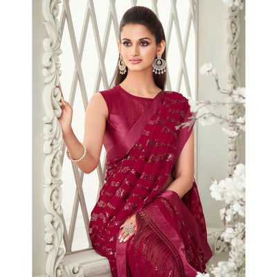 Fuchsia Pink Sequins Embroidered Georgette Saree With Tassels