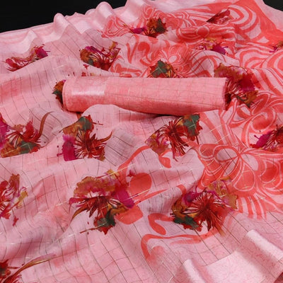 Gajari Pink Casual Wear Floral Print With Zari Checks Cotton Saree